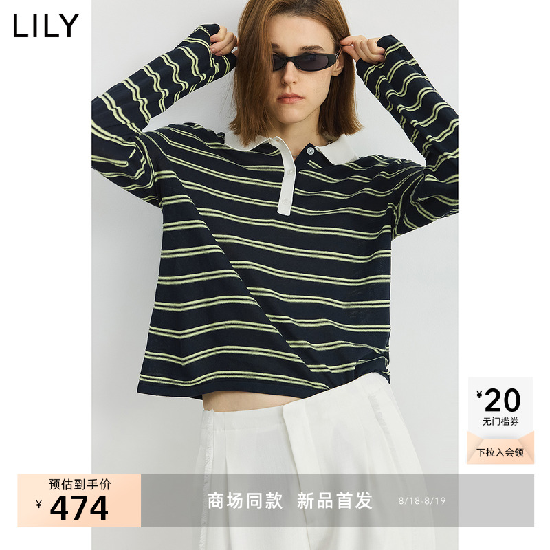 【商场同款】LILY2025秋新款女装莱赛尔亚麻混纺条纹POLO领针织衫