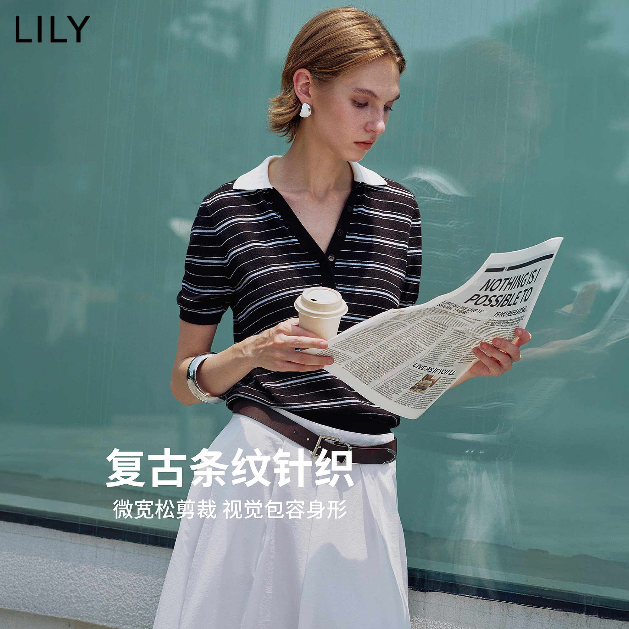 LILY通勤撞色翻领短袖深色针织衫图片