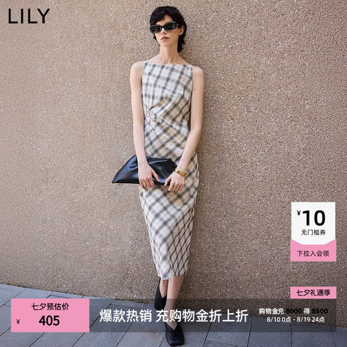 LILY通勤纯棉收腰格纹直筒连衣裙