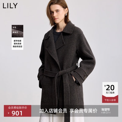 LILY混纺简约收腰中长款毛呢外套