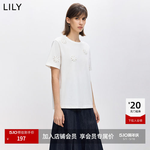 LILY2026春新款简约立体花朵刺绣镂空通勤休闲圆领套头短袖T恤女
