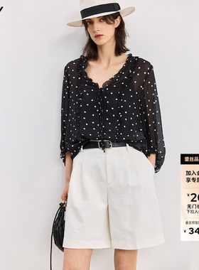 LILY2026夏新款女装经典法式复古波点宽松休闲套头上衣黑色雪纺衫