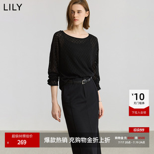 【商场同款】LILY2025新款女装含羊绒羊毛镂空一字领黑色针织衫