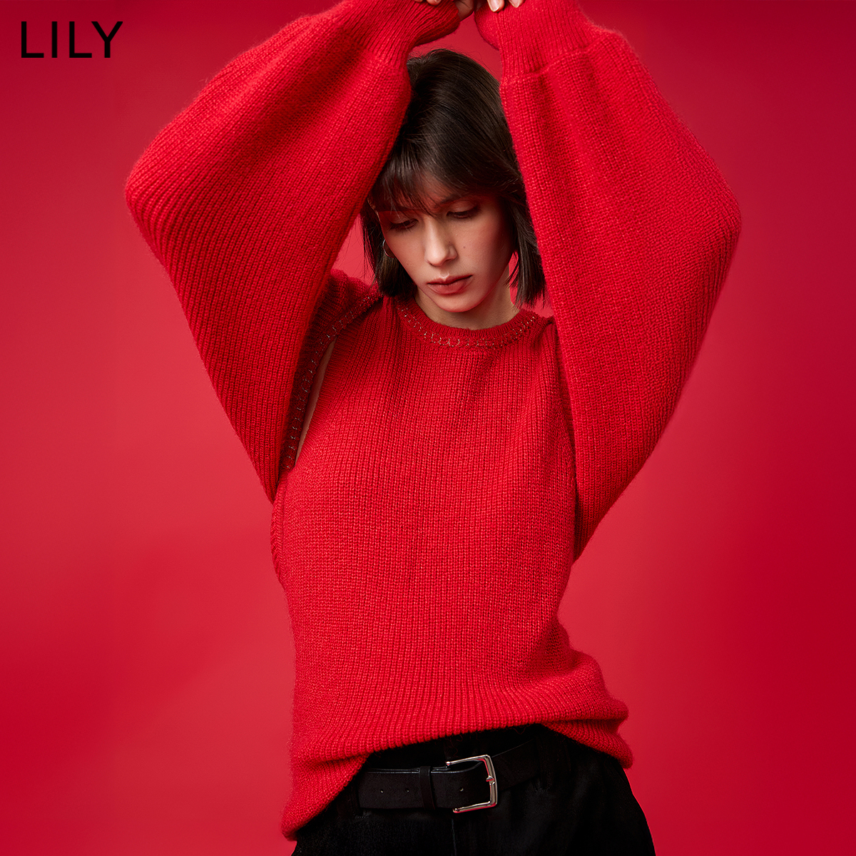 LILY2024冬新款女装小香风新年氛围感大红色两件套针织衫开衫背心