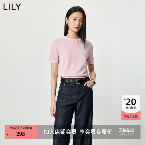 LILY浅粉通勤衣女钉珠套头针织衫