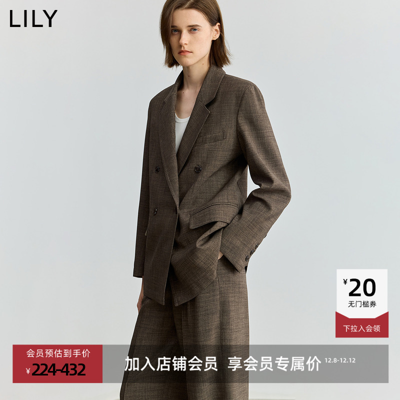 LILY通勤格纹女装深色西装外套