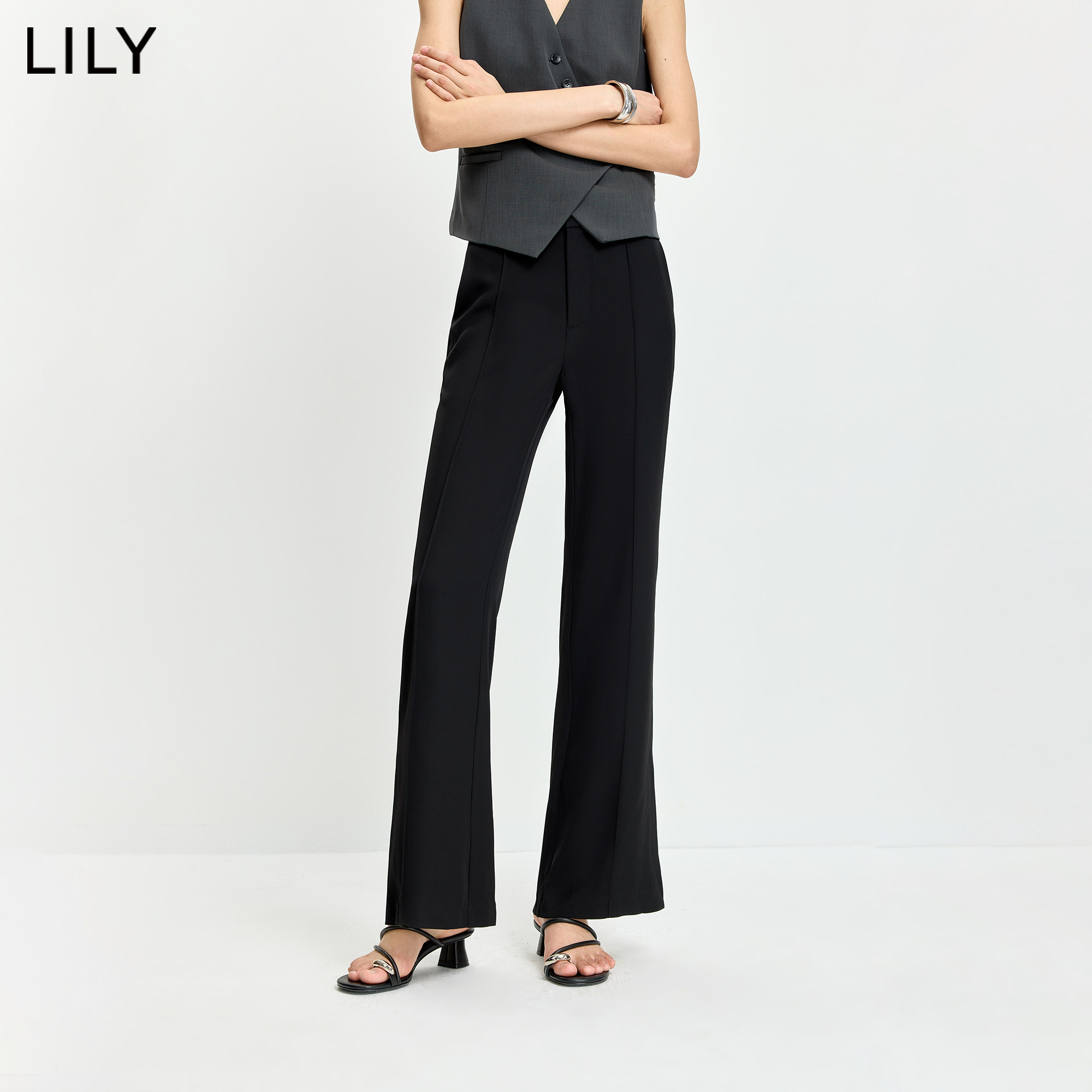 LILY2026夏新款简约气质修身开叉休闲通勤浅色西装裤微喇裤女长裤