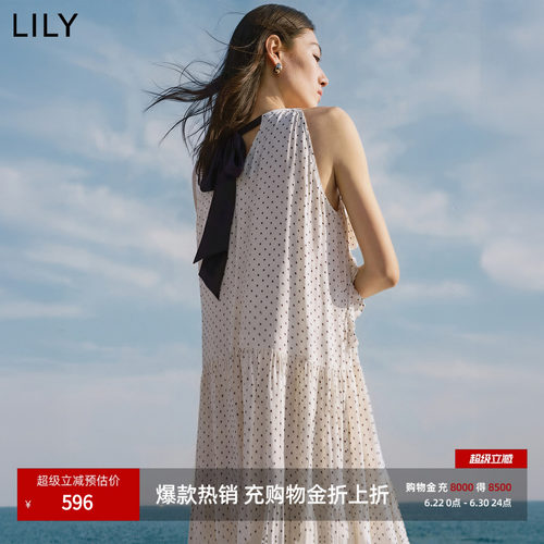 LILY荷叶边挂脖波点复古连衣裙