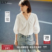女装 全棉法式 掐腰蕾丝白色上衣泡泡短袖 LILY初秋新款 套头雪纺衬衫