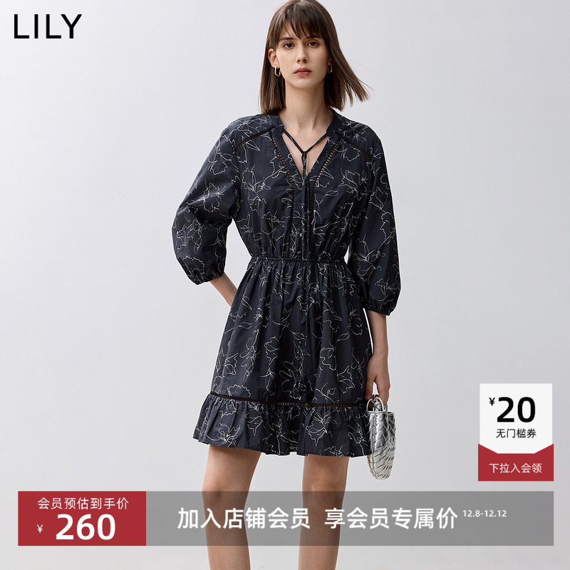 LILY收腰系带显瘦镂空印花连衣裙