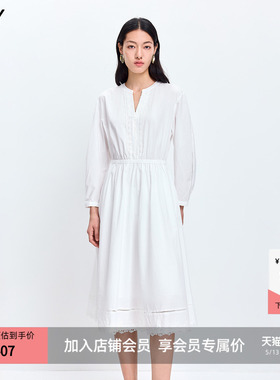 LILY2026春新款女装法式蕾丝拼接收腰休闲气质通勤白色长袖连衣裙