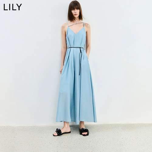 【商场同款】LILY2024夏新款女装清新百搭简约V领设计款连衣裙女