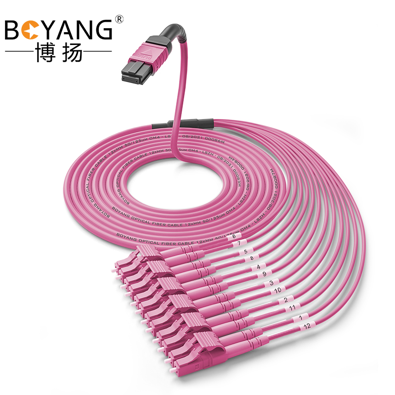 博扬12芯MPO-LC光纤跳线母头O极性兼容MTP1.5米 OM4万兆多模跳纤