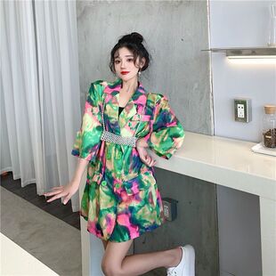 夏季套装女气质修身中长款扎染短袖西装连衣裙+珍珠吊带两件套潮