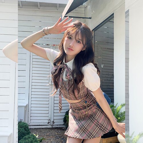 甜辣学院小香风套装女夏季泡泡袖格子衬衫高腰半身裙JK制服两件套
