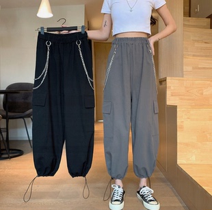 工装裤子女夏季新款韩版学生高腰阔腿裤宽松显瘦百搭九分哈伦裤夏