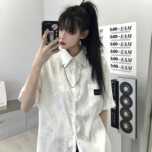 ins复古龙纹宽松休闲短袖 中国风衬衫 韩版 女2025年夏季 上衣潮 新款