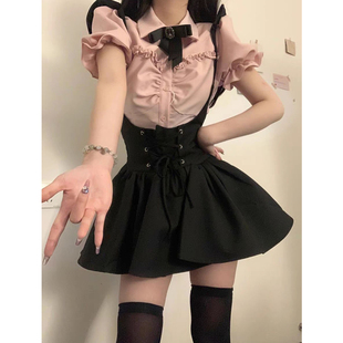 黑色背带连衣裙女夏季新款小个子辣妹蓬蓬裙设计感短裙jk制服套装