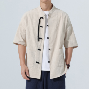 中国风男装棉麻衬衫男宽松中山装中式复古改良盘扣汉服夏季衬衣服