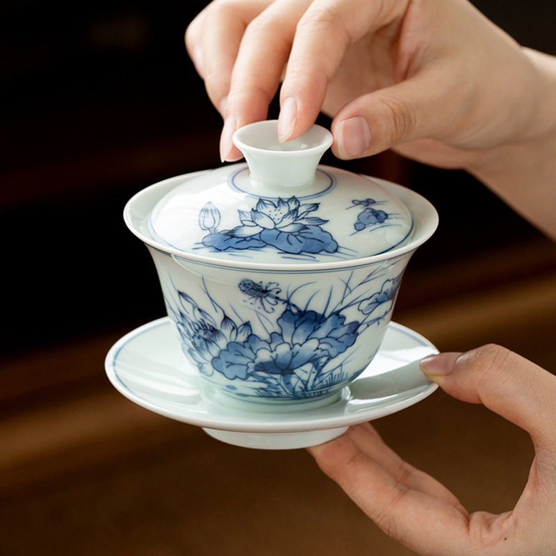手绘青花瓷三才盖碗大号家用泡茶碗复古陶瓷功夫茶具礼品