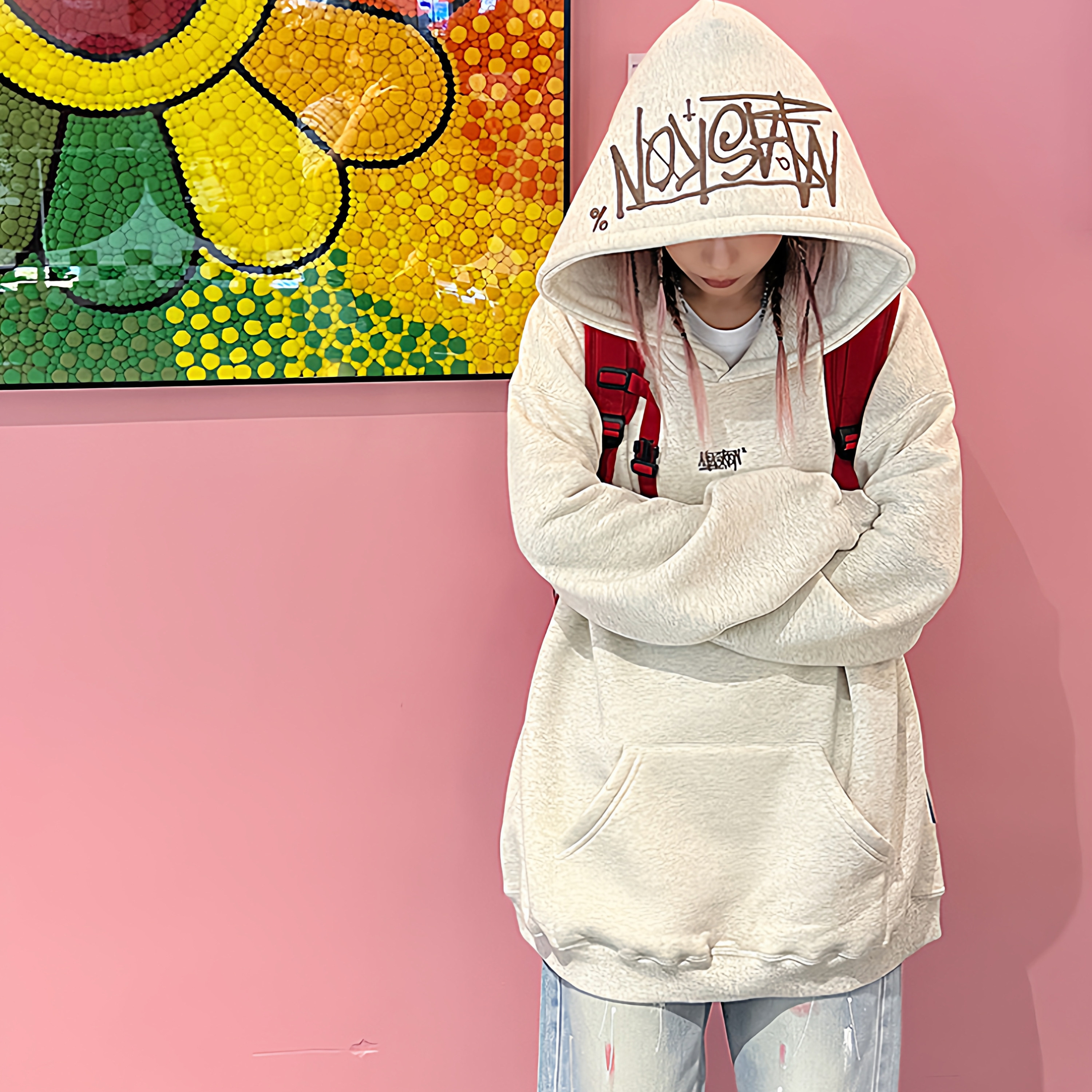 HIPA美式手写刺绣连帽卫衣女hiphop秋季高街潮牌情侣宽松上衣帽衫