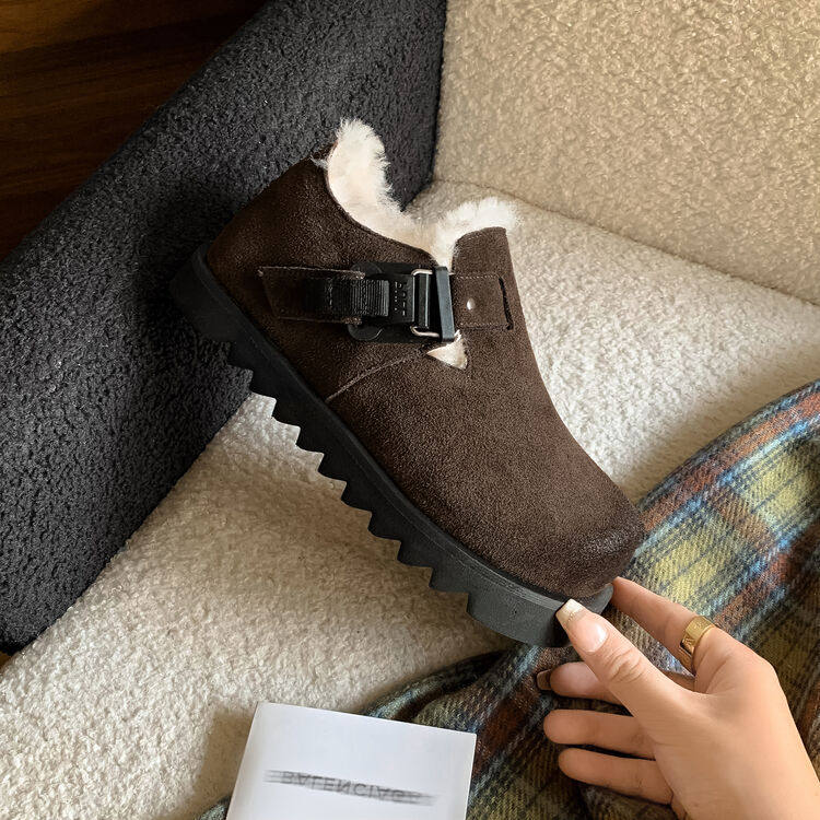 圆头松糕底羊皮毛一体牛反绒（磨砂皮）懒人鞋勃肯鞋/软木鞋