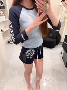 【高品质实拍yb】梵文拼色插肩长袖t恤女秋季新款长袖T恤短裤套装