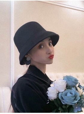 韩国ANGEL正品秋冬纯色渔夫帽毛呢帽平顶盆帽时尚百搭黑色礼帽女