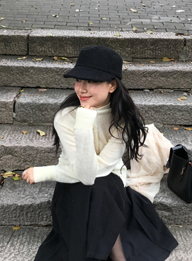 日本RX羊羔绒平顶鸭舌帽子女秋冬日系毛呢显脸小百搭马术骑士礼帽