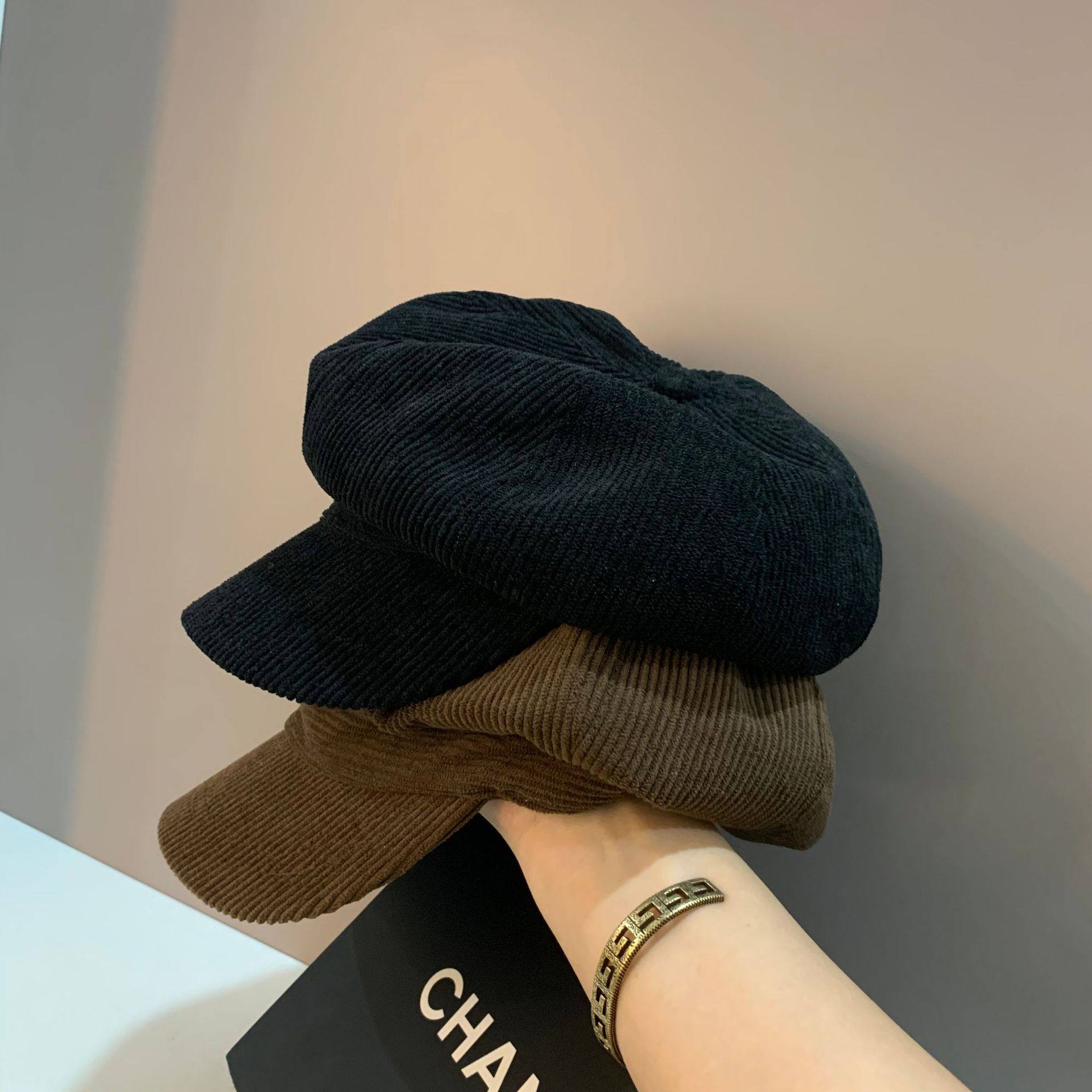 日本rx秋冬款灯芯绒鸭舌帽日系软顶学生八角帽休闲保暖报童帽子