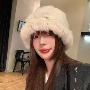 日本RX秋冬天毛茸茸毛绒帽护耳兔毛帽子女皮草渔夫帽大头围雷锋潮