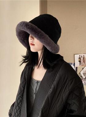 日本RX毛绒渔夫帽子女冬季日系保暖护耳百搭加厚羊羔显脸小盆帽潮