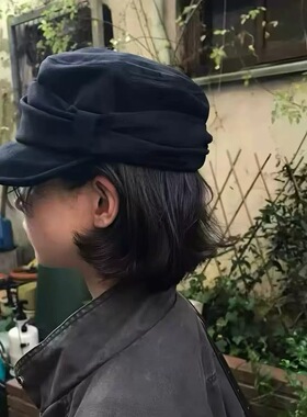 日本RX秋冬复古麂皮绒黑色鸭舌帽女百搭皱褶蝴蝶结马术八角报童帽
