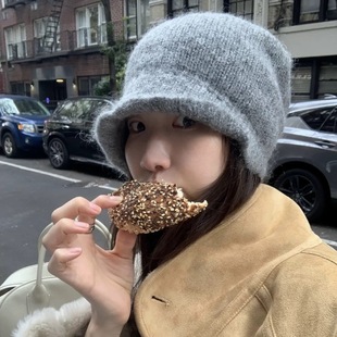 韩国ANGEL软糯马海毛针织堆堆帽冬毛线帽氛围感包头帽显脸小冷帽