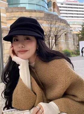 日本RX黑色羊毛呢八角帽子女日系不规则礼帽报童帽保暖鸭舌贝雷帽