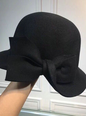 日本RX羊毛呢渔夫帽秋冬帽子女英伦礼帽复古蝴蝶结显脸小百搭盆帽