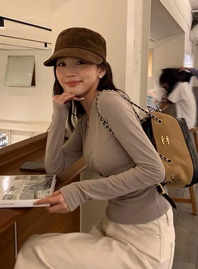 日本RX秋冬麂皮绒鸭舌帽子女复古英伦毛呢骑士帽显脸小平顶礼帽