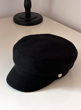 RX黑色八角羊毛呢帽子女鸭舌日本秋冬平顶贝雷显脸小礼帽画家帽潮