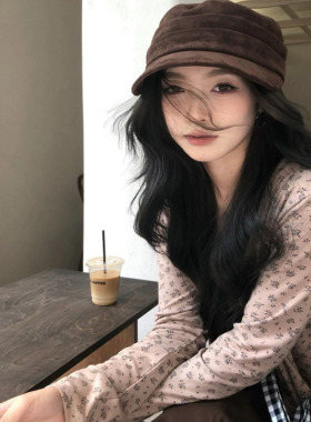 日本RX麂皮绒平顶帽秋冬复古鸭舌帽女时尚百搭显脸小褶皱报童帽