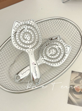 ins高颜值银色猫耳朵镂空梳子学生便携小按摩梳高颅顶蓬松排骨梳