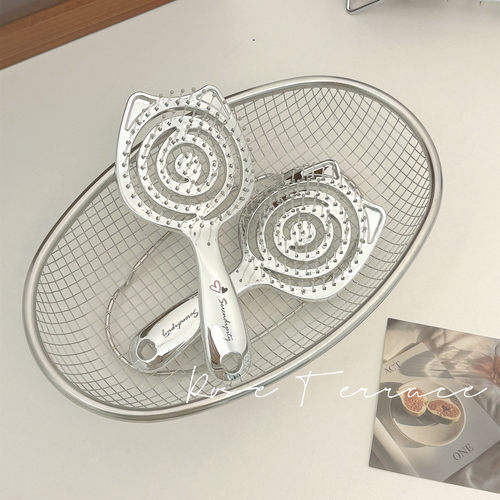 ins高颜值银色猫耳朵镂空梳子学生便携小按摩梳高颅顶蓬松排骨梳