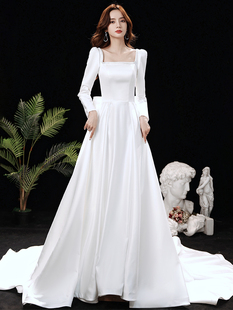 显瘦迎宾礼服2023 长袖 裙韩式 拖尾白色简约赫本风缎面婚纱新娘新款