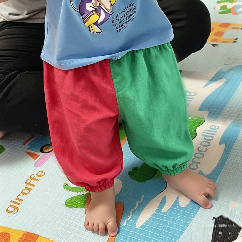 新款纯棉绉纱宝宝鸳鸯裤红绿纱布防蚊裤单扎牙周岁穿的男女童长裤