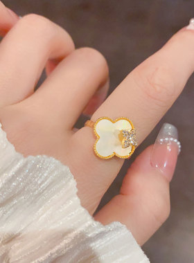 小众时尚简约锆石芒星贝壳四叶花开口戒个性轻奢百搭超闪食指戒女