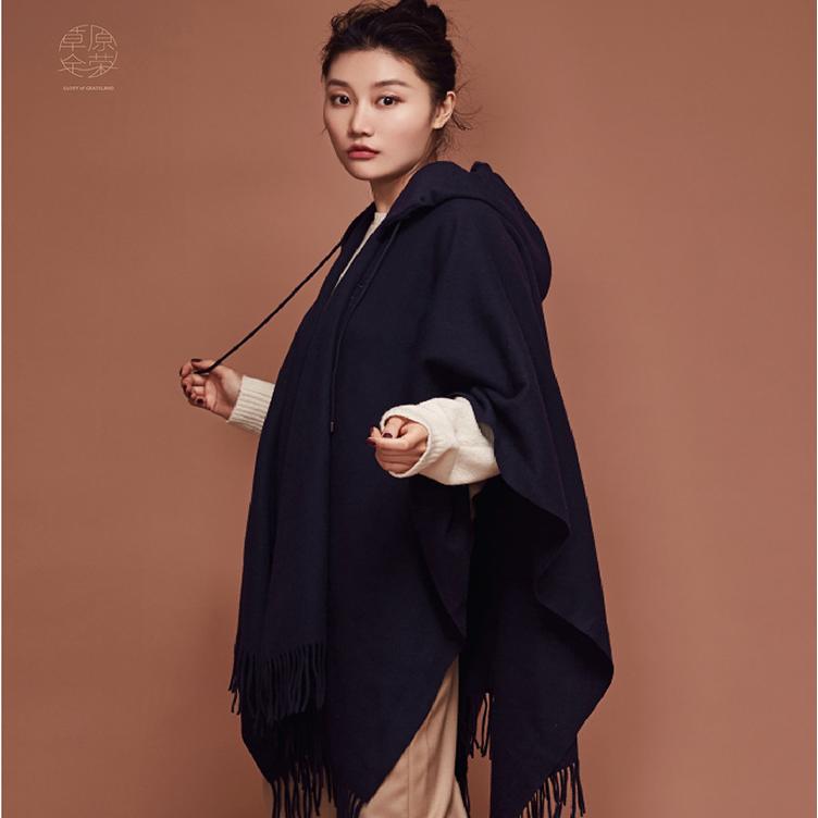 草原全榮秋冬季女士羊絨羊毛混紡藏藍(lán)色斗篷披肩包年百搭