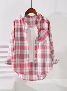 粉色格子衬衫女夏款防晒外套长袖宽松薄款休闲显瘦百搭高端衬衣