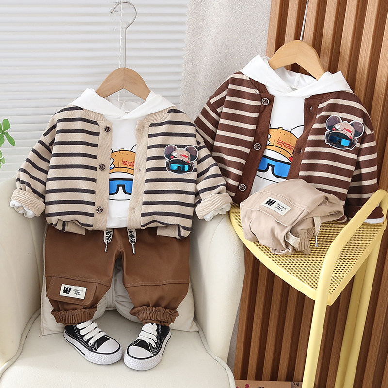 童趣条纹连帽针织开衫上衣帽兜衫套装男童秋季新款卡通外套三件套,童装/婴儿装/亲子装,套装,淘宝优惠券,粉丝福利购,淘宝优惠卷