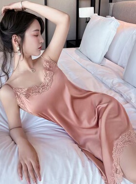 网红爆款吊带真丝中长款睡裙女夏100%桑蚕丝薄款蕾丝迷人冰丝睡衣