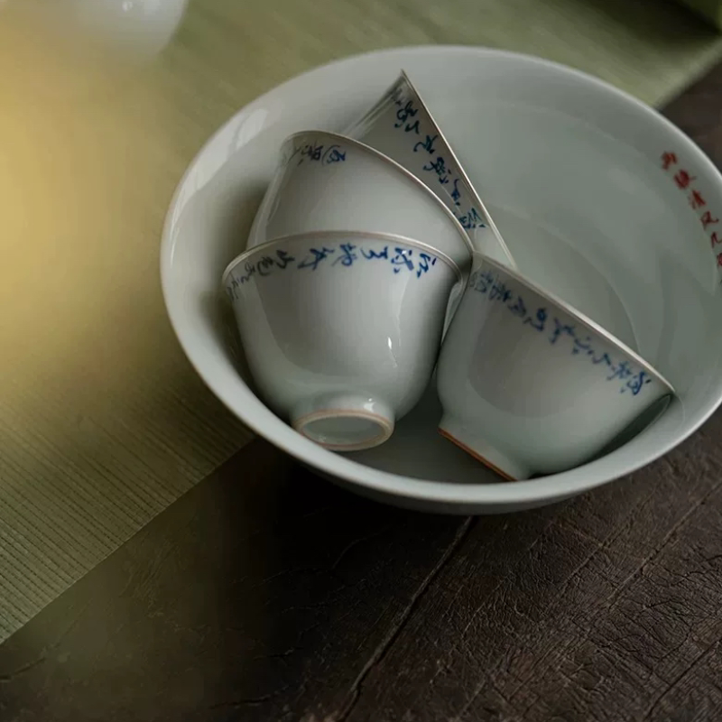 古青仿古描银品茗杯功夫茶具陶瓷手写主人杯拟古青花茶杯诗文杯子