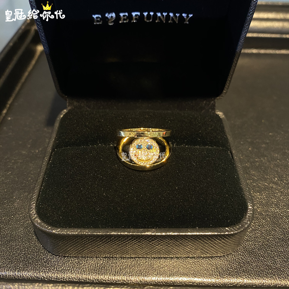 日本代购 EYEFUNNY 18K黄金蓝宝石笑脸镶钻戒指指环尾戒
